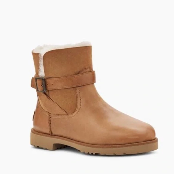 UGG Romely Brown Leather Shearling Lined Ankle Boots - Picture 1 of 9